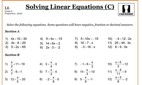Linear Equations Worksheet Th Grade