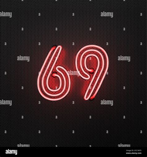 Glowing Red Neon Number 69 Number Sixty Nine On A Perforated Metal Background 3d Illustration