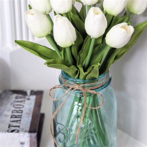 Real Touch Tulips In A Vintage Blue Mason Jar With Images Tulip