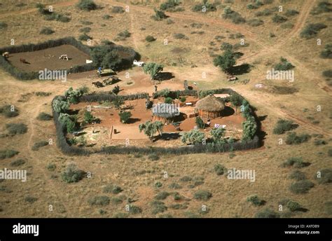 Aerial Of A Traditional Hut Compound And Animal Kraal In Northern