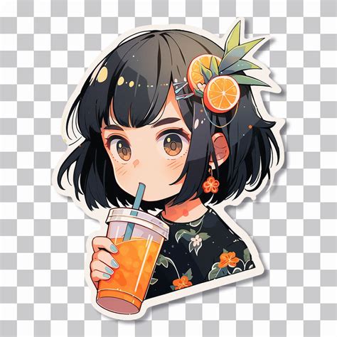 Anime Girl Drinking Orange Juice Sticker Anime Png Sticker
