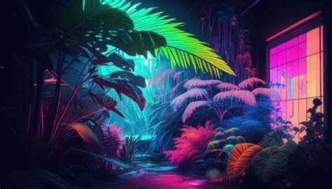Futuristic Jungle In Neon Cyberpunk Style By Generative Ai Stock
