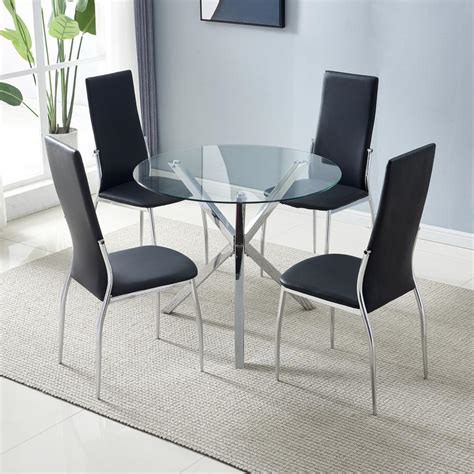 Ktaxon 5 Piece Dining Table Set Dining Table And 4 Leather Chairs Glass Top Kitchen Dining Room