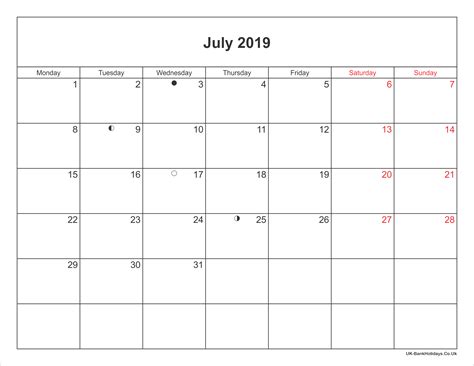 July 2019 Calendar Printable With Bank Holidays Uk