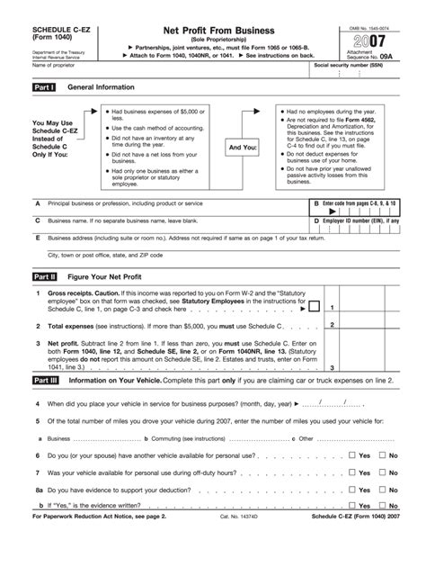 Form 1040 is the standard federal income tax form people use to report income to the irs, claim tax deductions and credits, and calculate their tax refund or tax bill for the year. 2007 Form IRS 1040 - Schedule C-EZ Fill Online, Printable ...