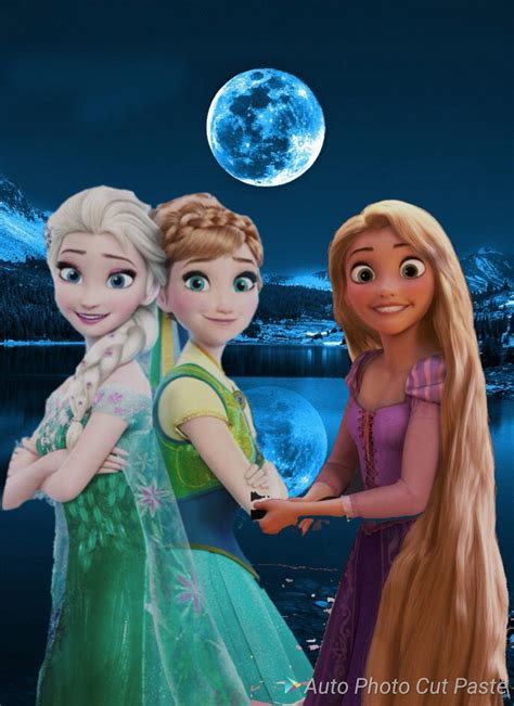 Two Frozen Princesses Standing Next To Each Other With The Moon In The