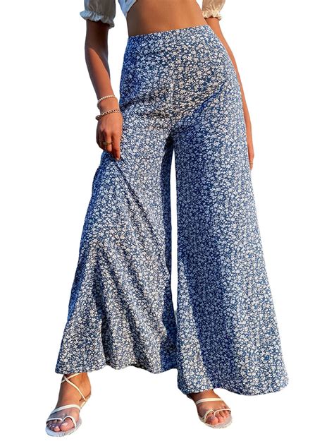 Pudcoco Womens Summer Wide Leg Pants Casual Loose Boho Floral Printed