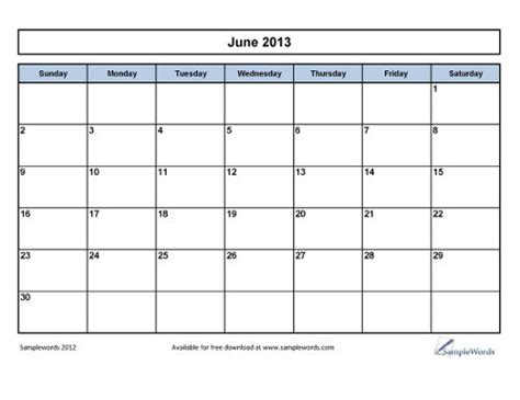 Free Printable June 2013 Monthly Calendar