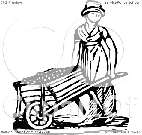 Clipart Of A Retro Vintage Black And White Woman Pushing A