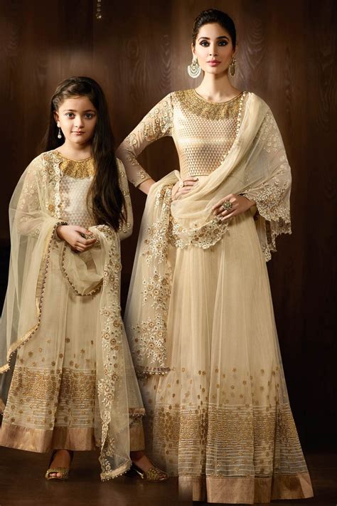 same outfits for mother daugter cream net long anarkali dress for mummy… mother daughter