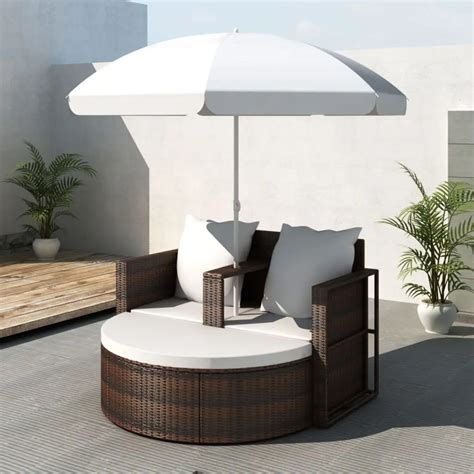 Vidaxl Brown Garden Poly Rattan Lounge Set With Parasol Outdoor In Sun