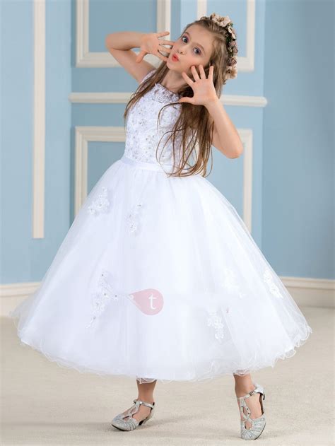 White Tea Length A Line Beaded Lace Princess Flower Girl Dress First