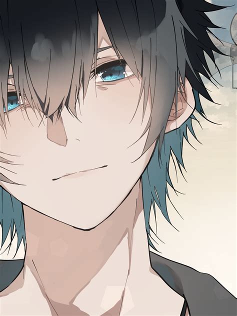 Download 1536x2048 Anime Boy Pole Blue Eyes Close Up Clouds