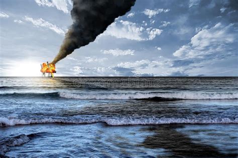 Oil Platform Explosion Oil Platform Accident And Black Petroleum Tide Polluted Aff