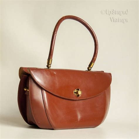 Vintage 1940s Chestnut Brown Leather Double Sided Top Handle Handbag
