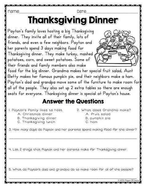 Thanksgiving Reading Activities For 5th Grade