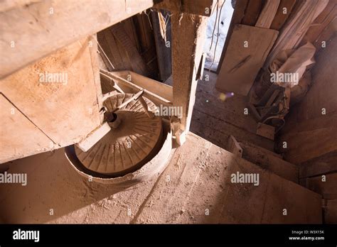 Interior Of Retro Wooden Watermill With Old Equipment Stock Photo Alamy