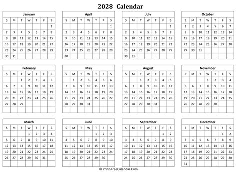 Calendar Yearly 2028 Landscape Layout