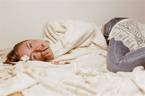 Bedroom One Person Bed White Sweater Portrait Lying On Side