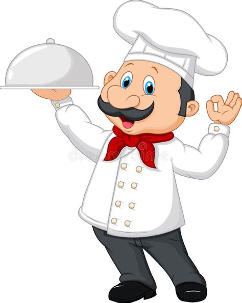 Cartoon Funny Chef With A Moustache Holding A Silver