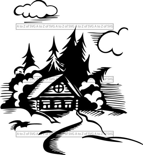 Winter Cabin Cloud Trees 2 Silhouette Svg Design Logo Dxf Png Etsy