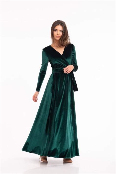 Green Wrap Dressvelvet Wrap Dresslong Sleeve Dressboho Etsy Velvet