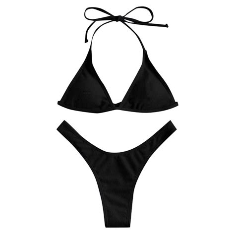 Entyinea Womens Swimsuits Fashion 2 Piece Spaghetti Strap Bikini Solid Thong Bathing Suit Black