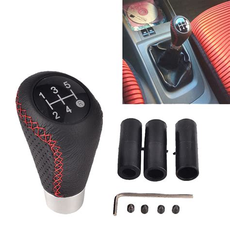 5 Speed Leather Aluminum Manual Car Gear Shift Knob Shifter Lever Blackandred Line