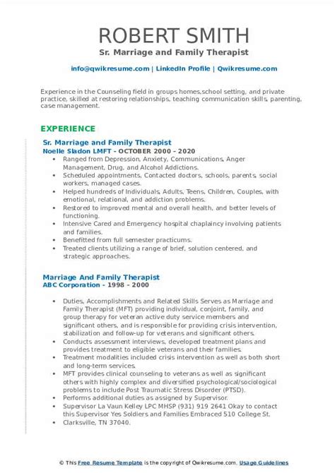 marriage  family therapist resume samples qwikresume