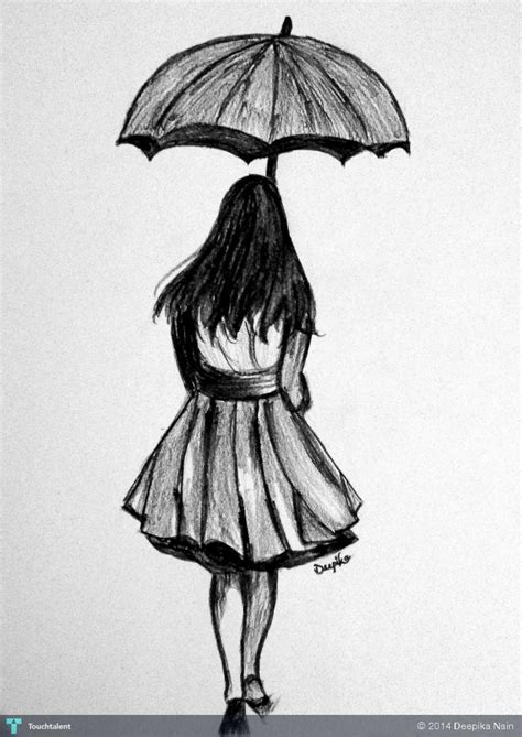 Pencil Drawing Of Girl With Umbrella
