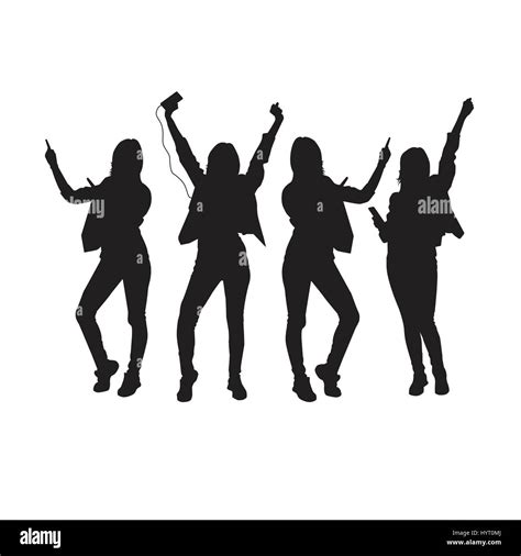 Dancing Girl Group Black Silhouette Female Figure Isolated Over White