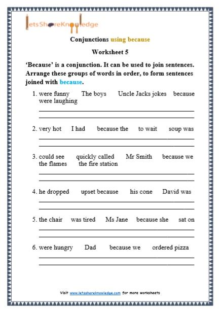 Grade 1 Grammar Conjunctions Using ‘because Printable Worksheets