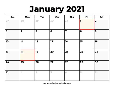 January 2021 Calendar With Holidays A Printable Calendar