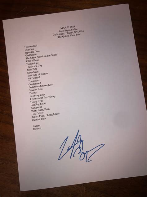 Zach Bryan Signed Reprinted Setlist 2024 Quitting Time Tour Reprint