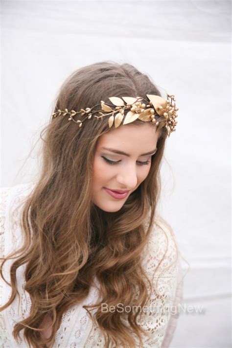 Gold Rustic Bohemian Wedding Wreath Headpiece Of Golden Leaves And