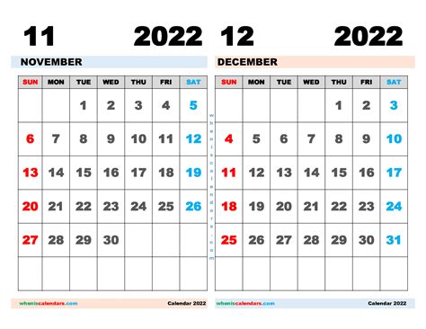 Free November December 2022 Calendar Printable Pdf