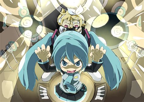 Aqua Eyes Blonde Hair Blue Hair Fang Hajime Hatsune Miku Kagamine Len Kagamine Rin