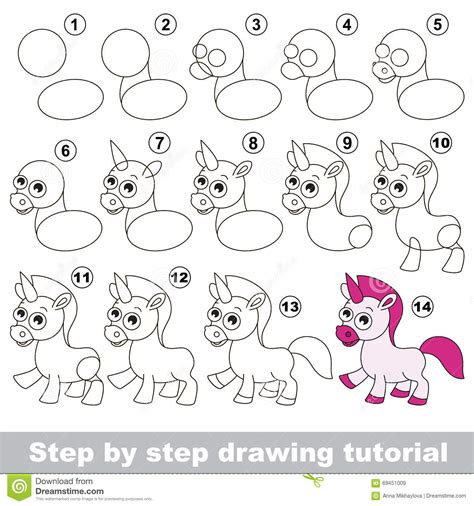 This step is to help you see how the form will come to life. Unicorn. Drawing tutorial. stock vector. Illustration of ...