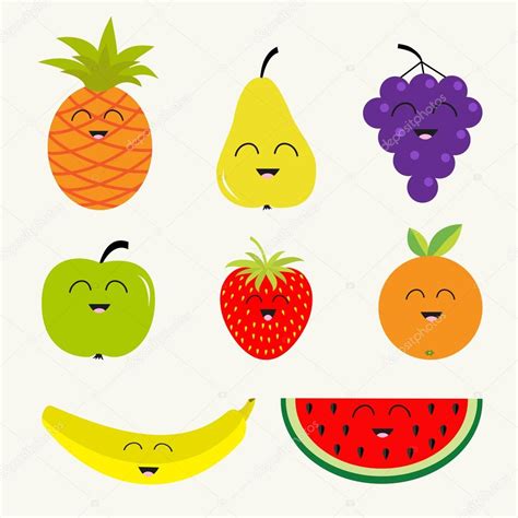 Fruits And Berries Set Cartoon Character Face Banana Cherry
