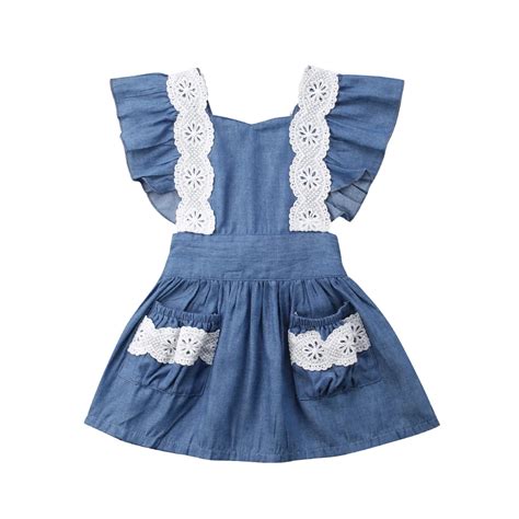 2018 Summer Toddler Infant Kid Baby Girls Denim Dress Lace Ruffles
