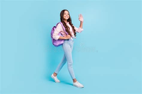 Full Size Photo Of Young Smiling Happy Positive Good Mood Girl Go To