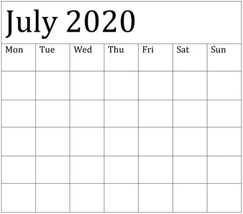 Blank July 2020 Calendar Monthly And Weekly Template