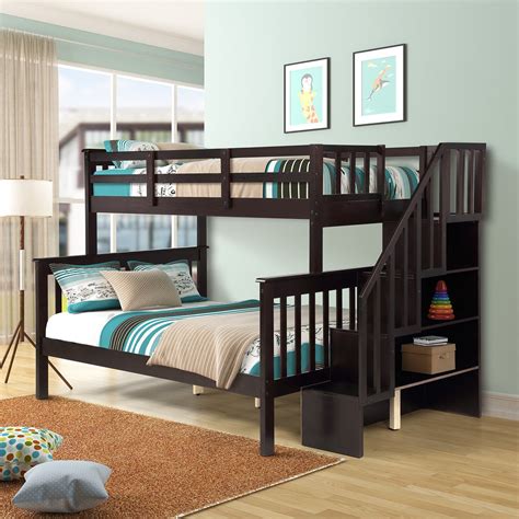 Twin Over Full Espresso Wood Bunk Bed With Staircase And Storage Shelv