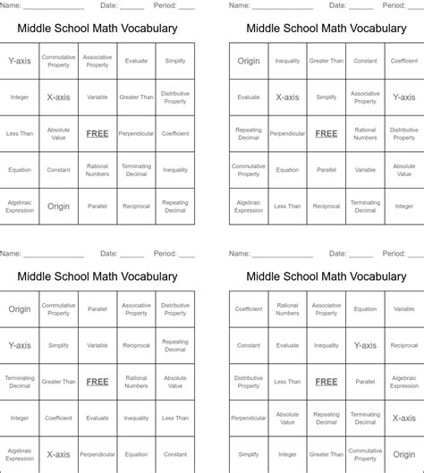 Middle School Math Vocabulary Bingo Cards Wordmint