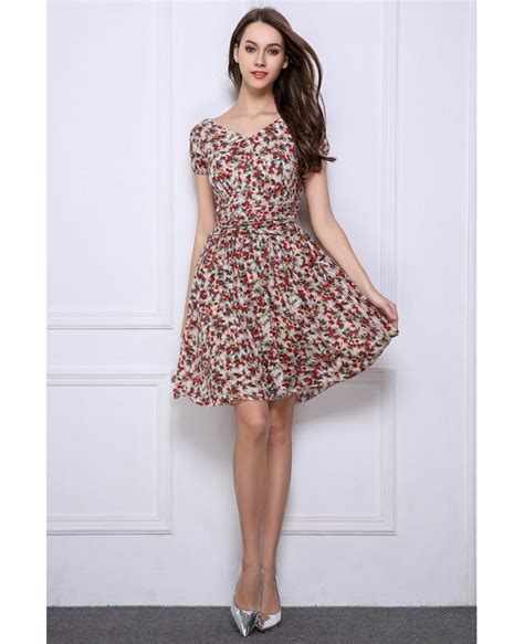 Summer Stylish A Line Floral Print Short Wedding Guest Dresses With Sleeves Dk351 45