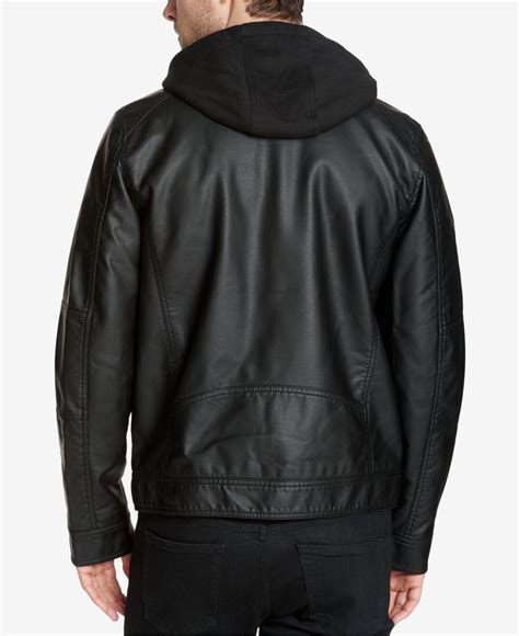 Guess Mens Faux Leather Detachable Hood Motorcycle Jacket In Black For