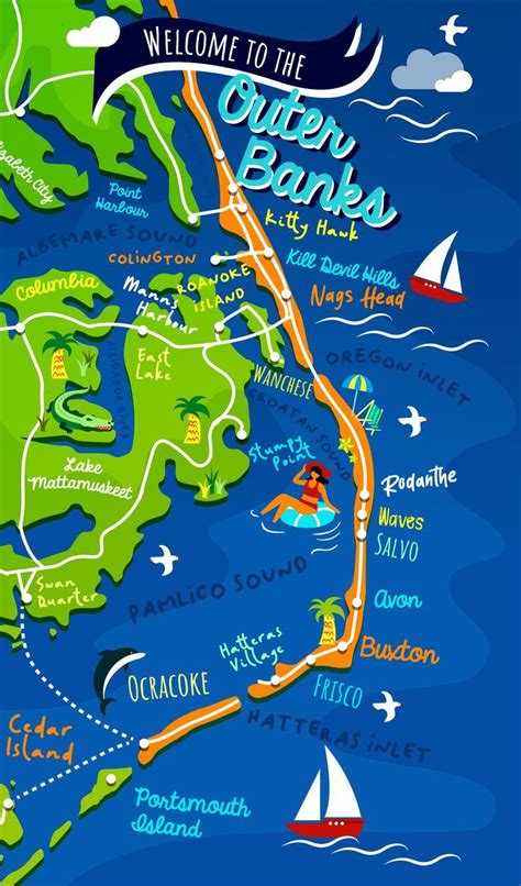 Cool Graphical Cartoon Illustrated Map Of Outer Banks In North Carolina