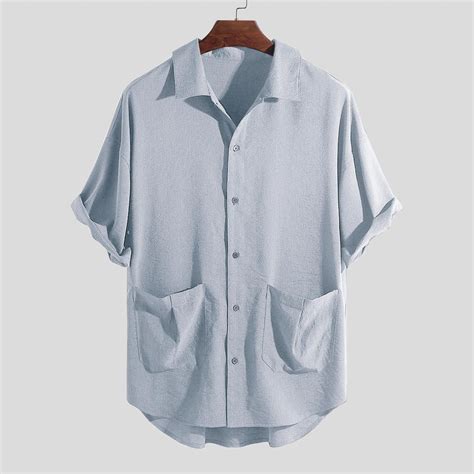 Men Dual Pockets Turn Down Collar Half Sleeve Shirts Banggood Mobile