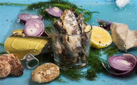 Wet Sardines Lemon Dill And Stones Stock Photo Image Of Blurry