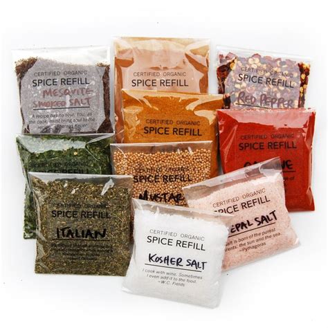 Six Bags Of Spices And Seasonings Are Shown In This Image On A White
